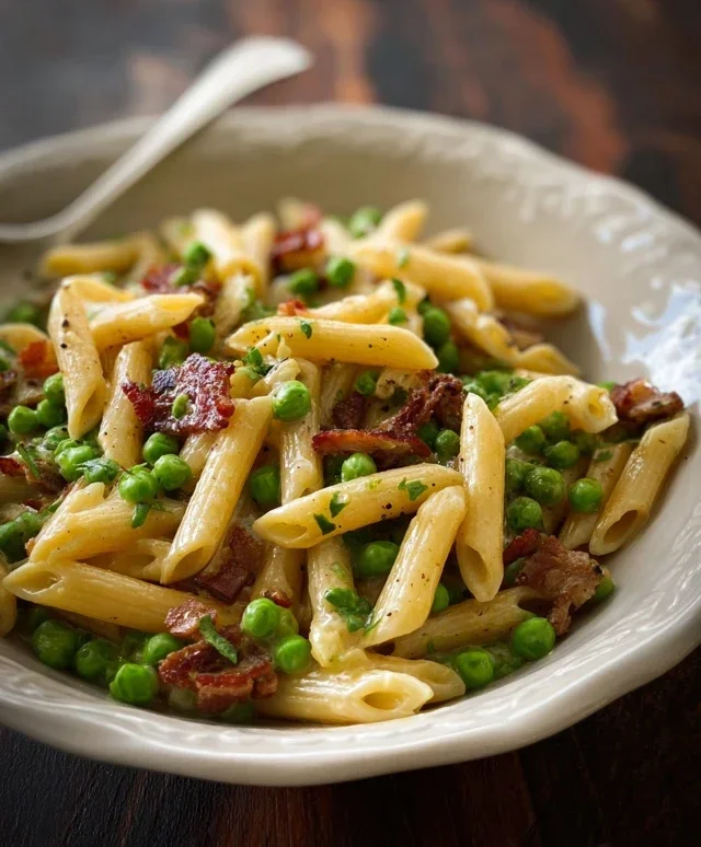 Penne Pasta, Peas and Beef Beef Bacon