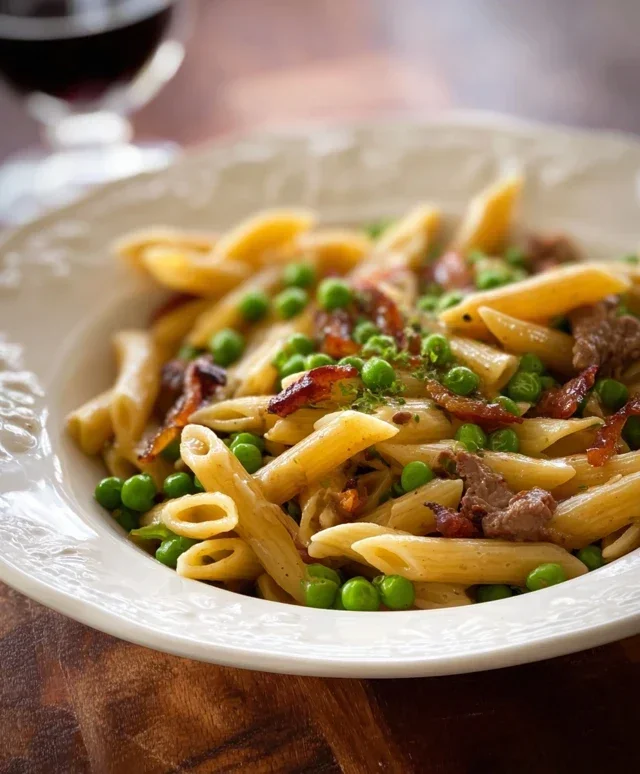 Penne Pasta, Peas and Beef Beef Bacon