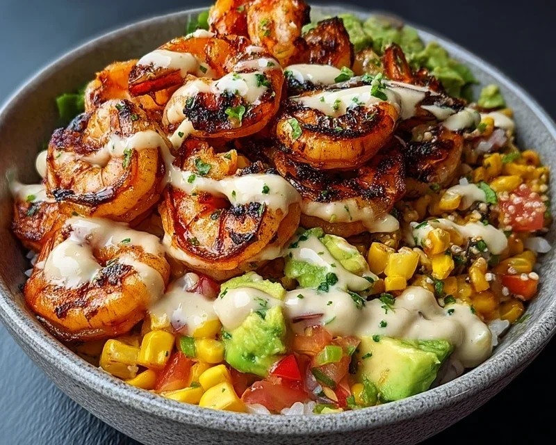 Grilled Shrimp Bowl with Avocado, Corn Salsa & Creamy Garlic Sauce