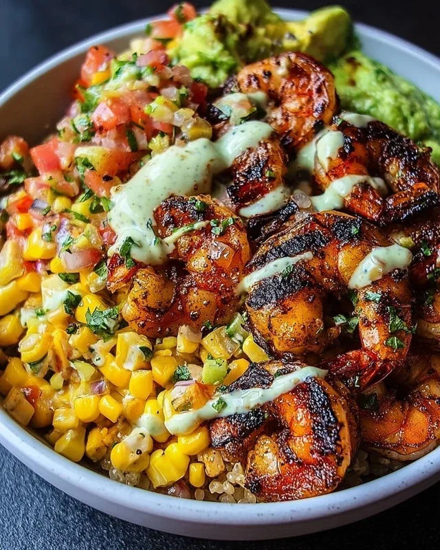 Grilled Shrimp Bowl with Avocado, Corn Salsa & Creamy Garlic Sauce