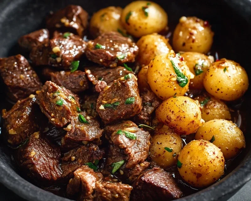 Slow Cooker Garlic Butter Beef Bites with Potatoes