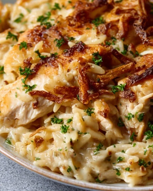 French Onion Chicken Orzo Casserole