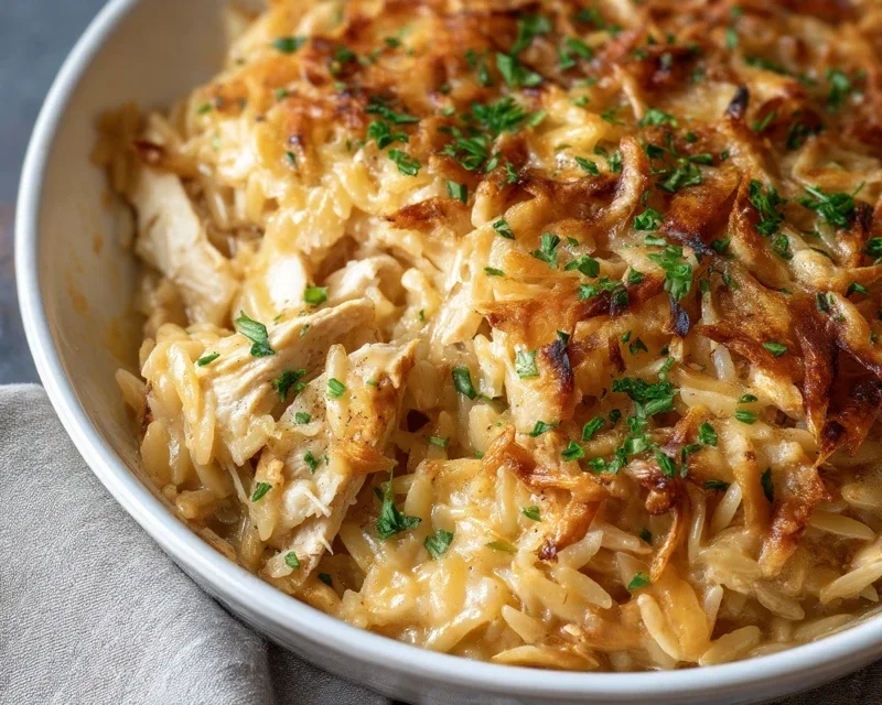 French Onion Chicken Orzo Casserole