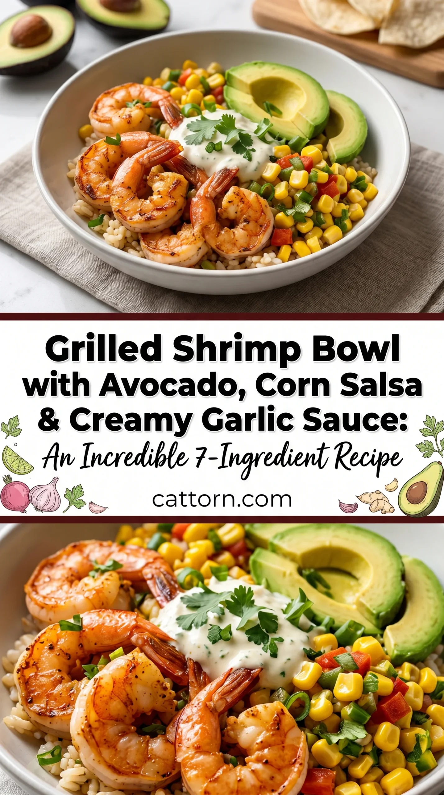 Grilled Shrimp Bowl with Avocado, Corn Salsa & Creamy Garlic Sauce: An Incredible 7-Ingredient Recipe