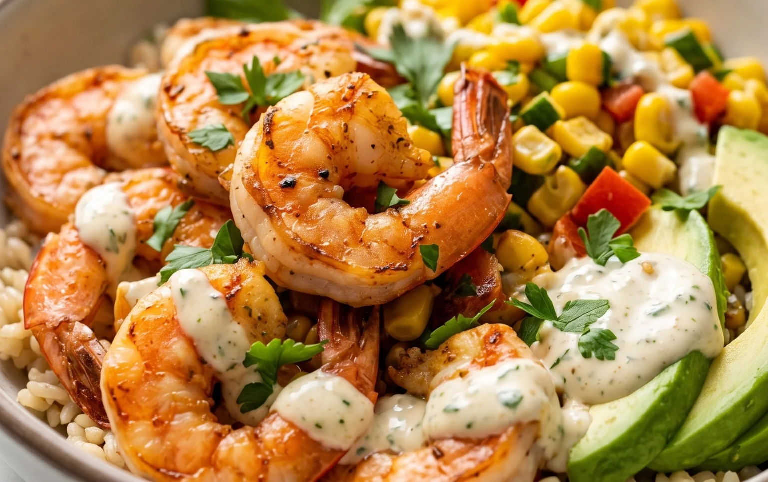 Grilled Shrimp Bowl with Avocado, Corn Salsa & Creamy Garlic Sauce: An Incredible 7-Ingredient Recipe