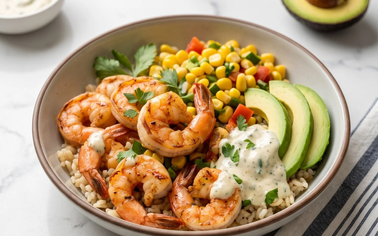 Grilled Shrimp Bowl with Avocado, Corn Salsa & Creamy Garlic Sauce: An Incredible 7-Ingredient Recipe