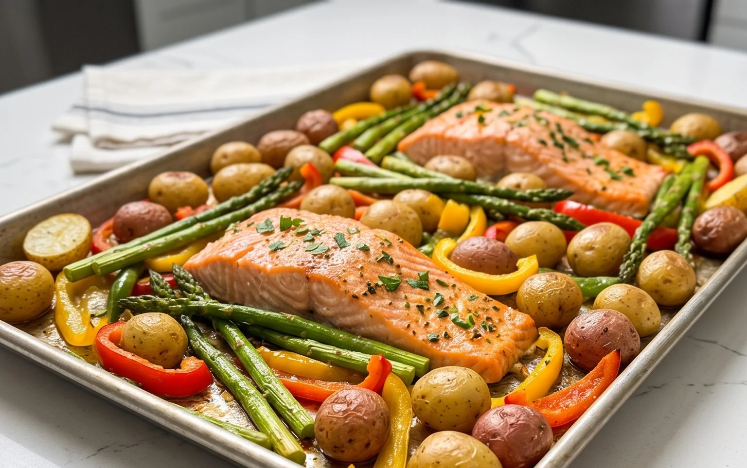 Sheetpan Salmon and Potatoes With Veggies
