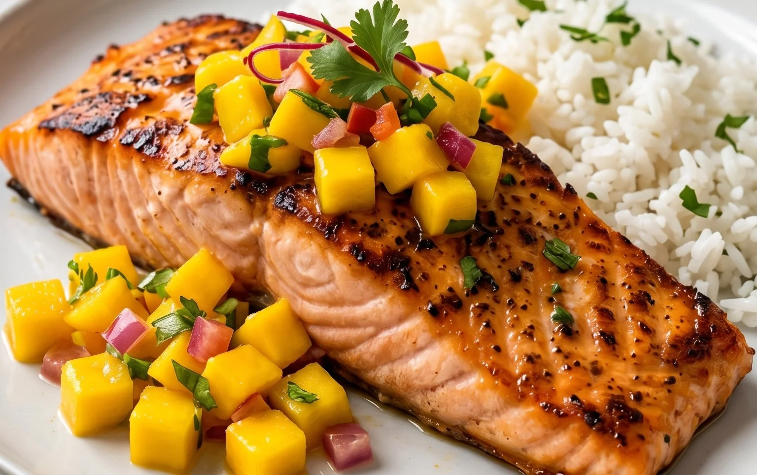 Grilled Salmon with Mango Salsa and Coconut Rice