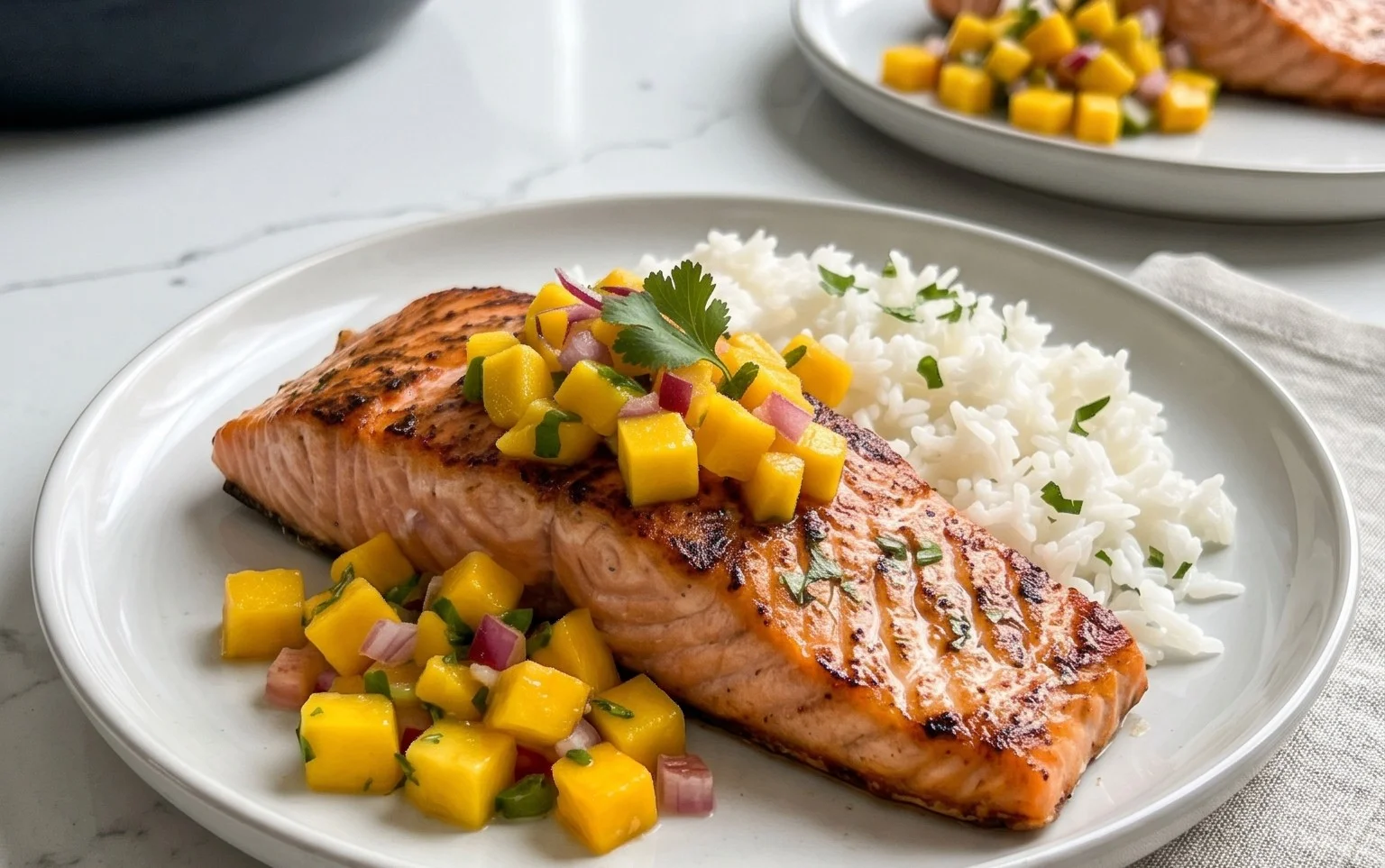 Grilled Salmon with Mango Salsa and Coconut Rice