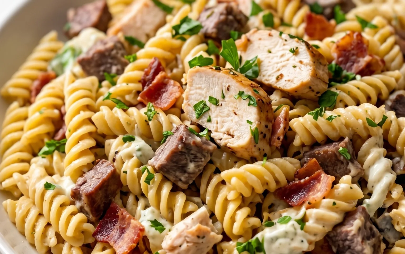Chicken Beef Bacon Ranch Pasta Salad