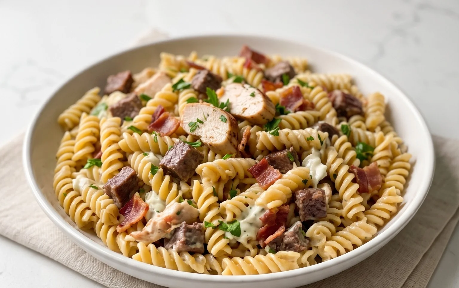 Chicken Beef Bacon Ranch Pasta Salad