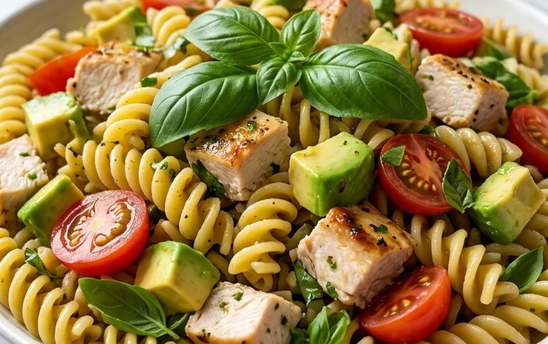 Healthy Chicken Pasta Salad with Avocado, Tomato, and Basil ﻿
