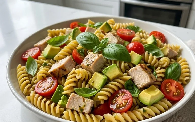 Healthy Chicken Pasta Salad with Avocado, Tomato, and Basil ﻿