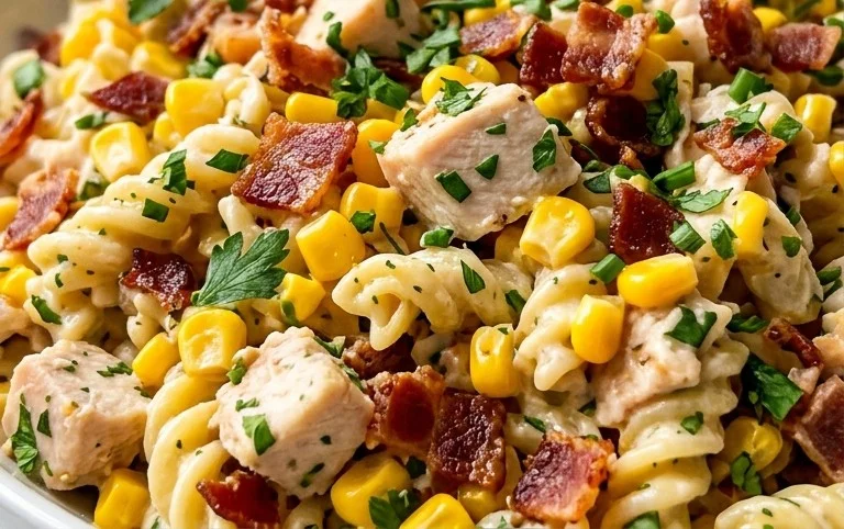 Chicken and Corn Pasta Salad with Beef Bacon