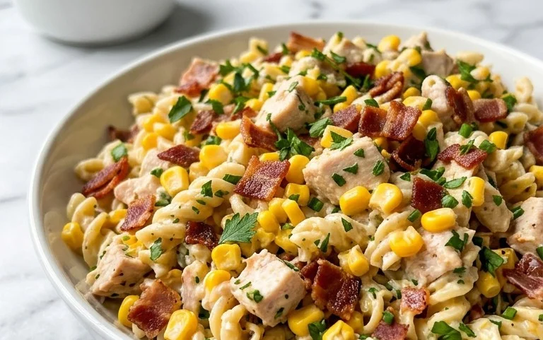 Chicken and Corn Pasta Salad with Beef Bacon