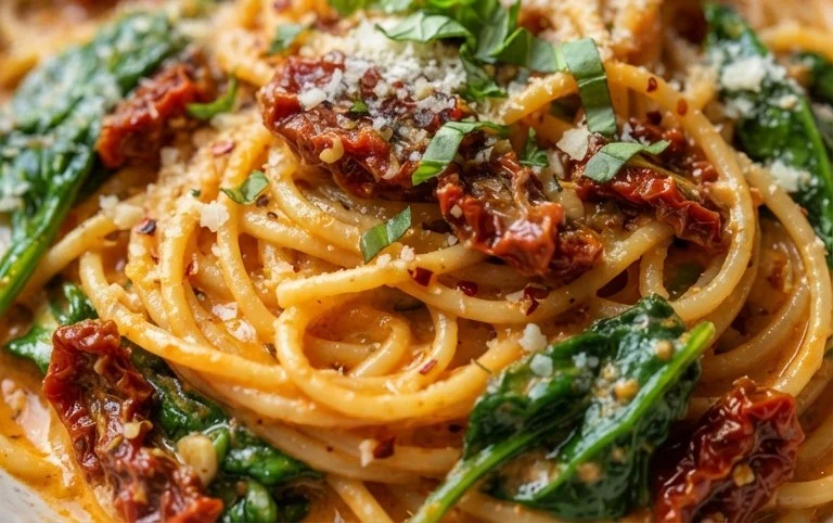 Spaghetti & Spinach with Sun-Dried Tomato Cream Sauce