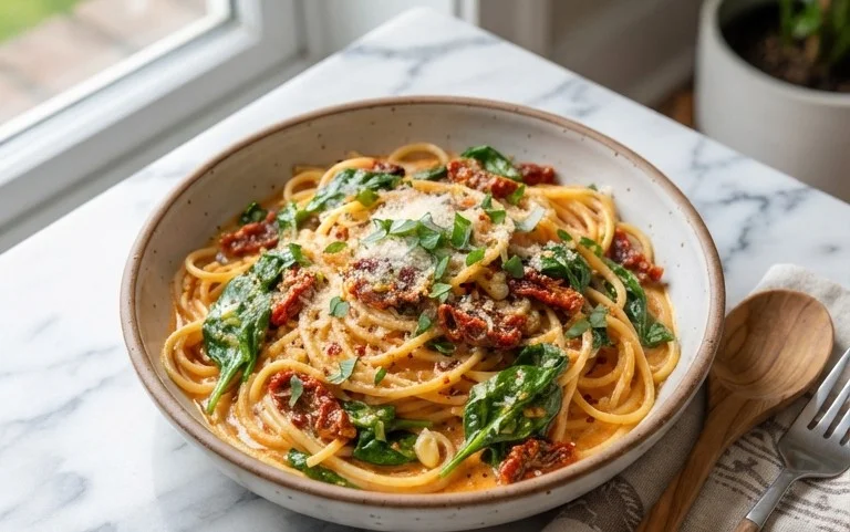 Spaghetti & Spinach with Sun-Dried Tomato Cream Sauce
