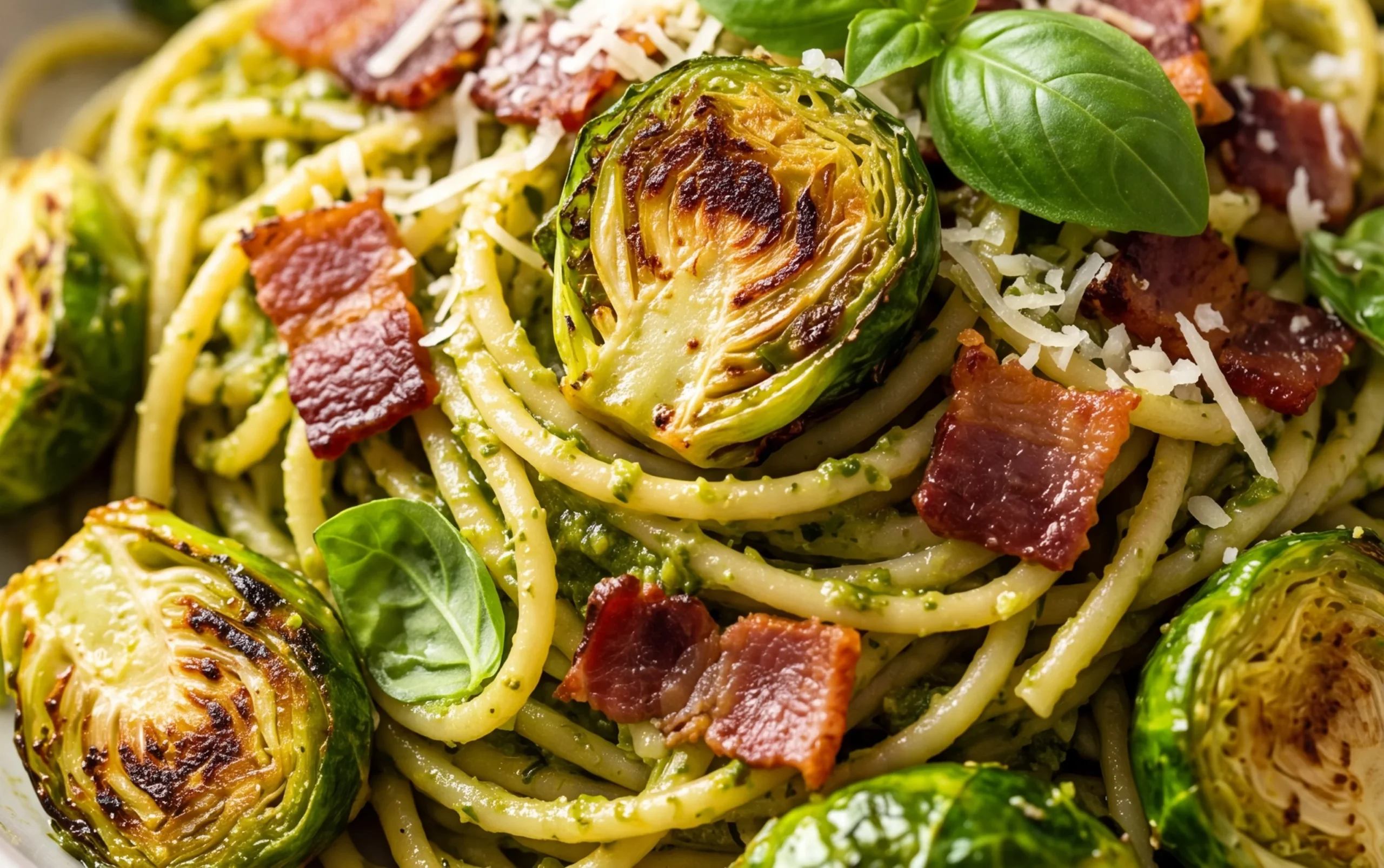 Brussels Sprouts and Beef Bacon Pesto Pasta
