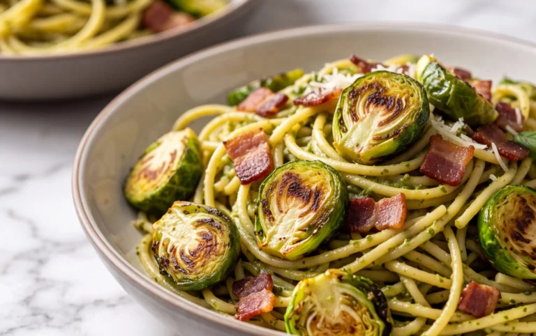 Brussels Sprouts and Beef Bacon Pesto Pasta