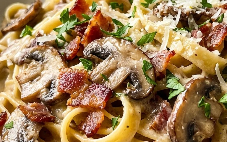 Creamy Beef Bacon and Mushroom Pasta