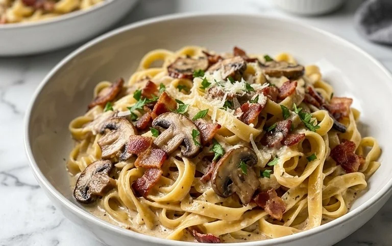 Creamy Beef Bacon and Mushroom Pasta