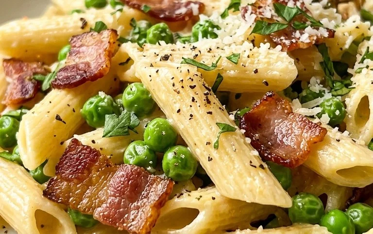 Penne Pasta, Peas and Beef Bacon