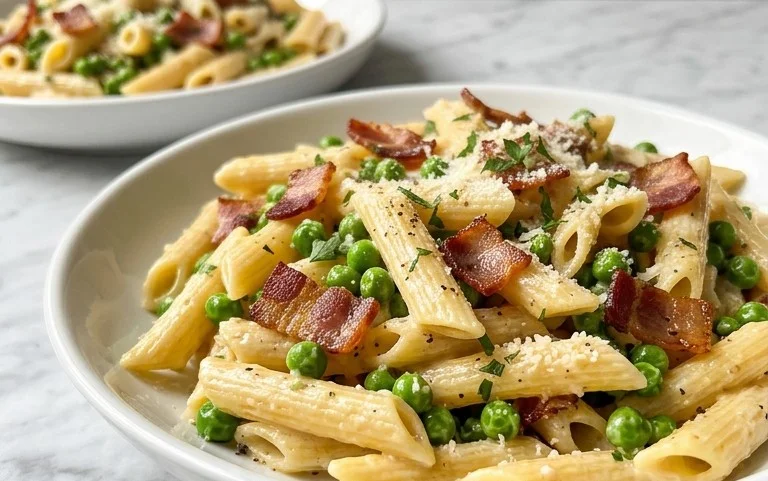 Penne Pasta, Peas and Beef Bacon
