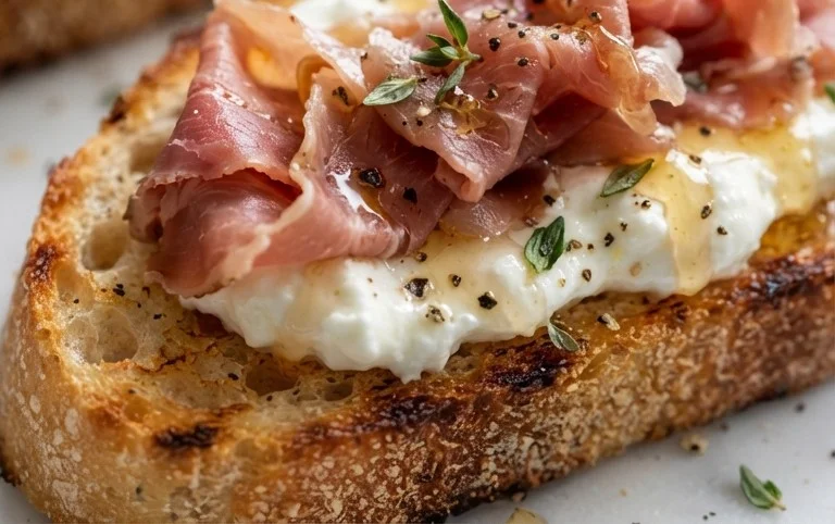 Beef Prosciutto Crostini with Burrata and Lemon Honey Drizzle