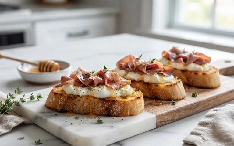 Beef Prosciutto Crostini with Burrata and Lemon Honey Drizzle